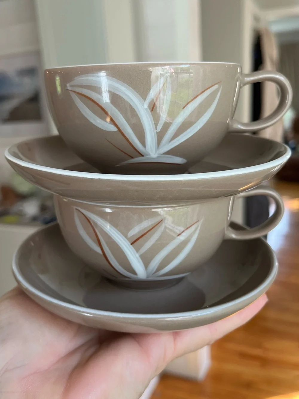 California Winfield Handcrafted Tea Cups and Saucers White Leaf Motif Set of 2